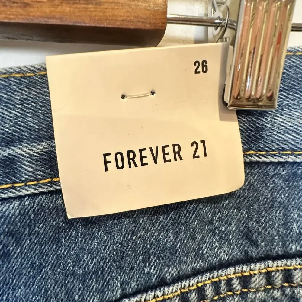 Forever 21 Denim Mini Skirt 26 Blue Button Front Raw‎ Hem Y2K Festival Indie